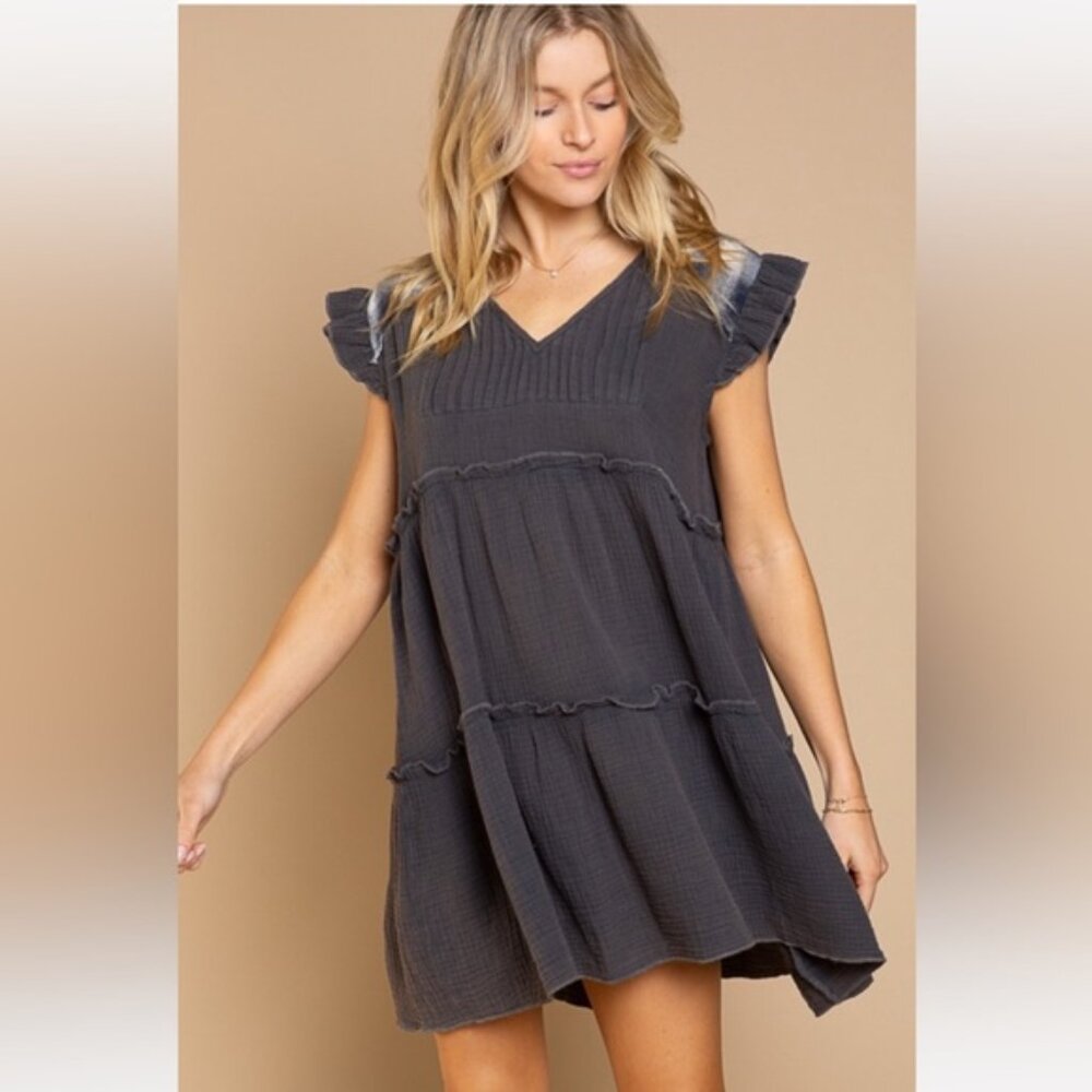 POL | Chelsea Ruffle Plaid Gauze Tunic Mini Dress Navy Charcoal Deep Olive Green